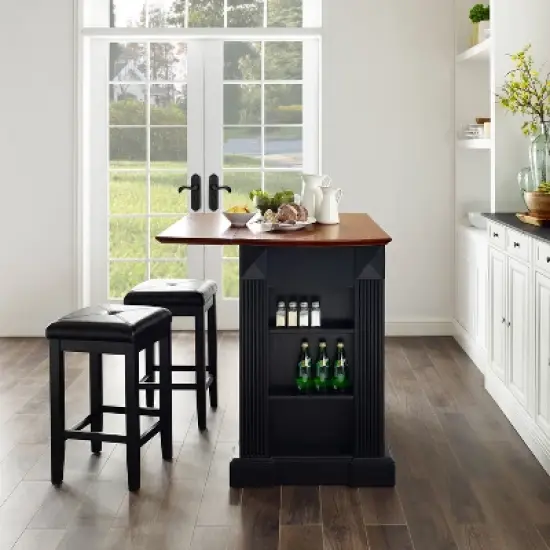 Coventry Drop Leaf Top Kitchen Island with Upholstered Square Stools Black - Crosley image {3}
