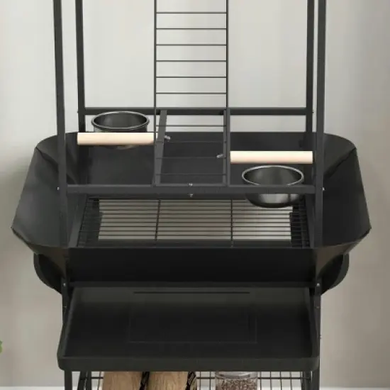 Resenkos Bird Stand with Wheels, Perches, Stainless Steel Feed Bowls, Pull-Out Tray, Dark Gray image {7}