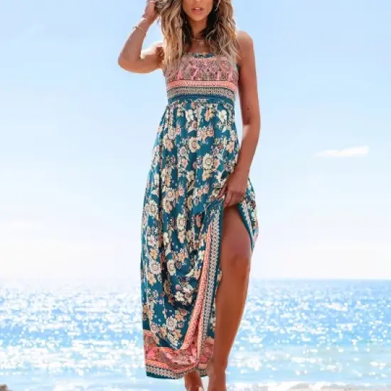 Women's Boho Chic Floral Print Maxi Dress with Smocked Bodice -Cupshe image {4}