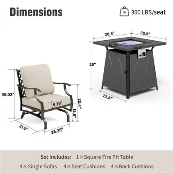 Captiva Designs 5pc Metal Patio Outdoor Conversation Fire Pit Set with Rocking Grid-back Armchairs for Garden, Poolside, Backyard image {1}