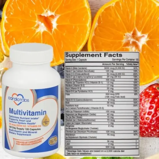 Cardiotabs Multivitamin - Packed with Methylated B Vitamin Complex & Vitamins A, C, E, K + 2000 IU Vitamin D3 - 120 Capsules per Bottle, 60 Day Supply image {2}