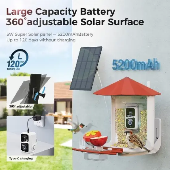 PerchMe&trade; AI-Recognition Smart Bird Feeder with Camera, Solar-Powered (Vermilion Canopy) image {5}