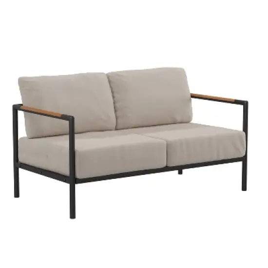 Flash Furniture Indoor/Outdoor Patio Loveseat with Cushions - Modern Aluminum Framed Loveseat with Teak Accent Arms image {11}