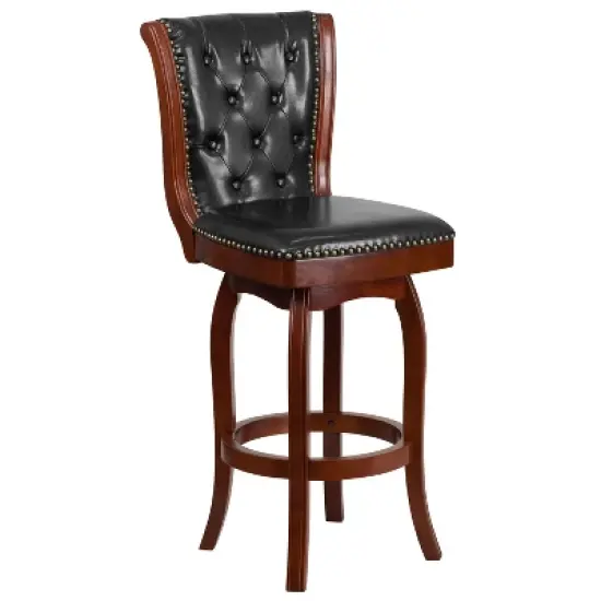 Merrick Lane Wood Stool in with Button Tufted Faux Leather Seat and Back and Footrest image {6}