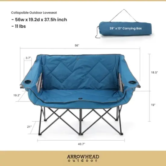 Arrowhead Outdoor Portable Folding Double Duo Camping Chair Loveseat Couch w/ 2 Cup & Wine Glass Holder, Supports up to 500lbs (Ocean Blue) image {4}