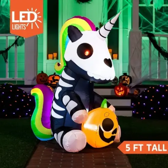 Joyfy 5 FT Halloween Inflatables Outdoor Decoration, Inflatable Sitting Skeleton Unicorn with LEDs for Halloween Party Outside Yard Garden Decorations image {2}