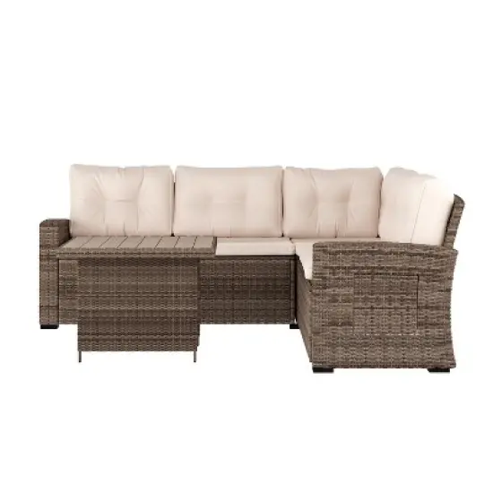 Merrick Lane Indoor/Outdoor L-Shaped Sofa/Dining Table Conversation Set with Wicker Rattan Construction and Weather-Resistant Cushions image {3}
