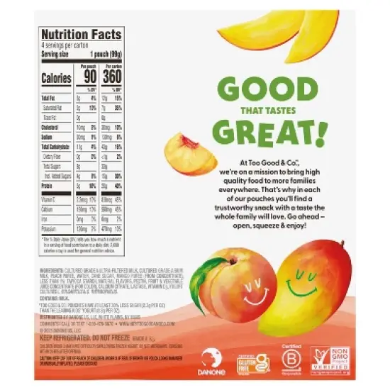 Too Good & Co. Kids' Peach & Mango Traditional Yogurt Pouches - 14oz/4ct image {2}