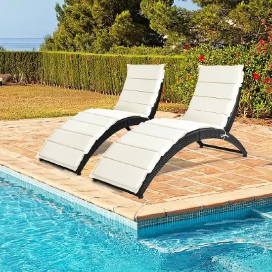 Costway 2PCS Folding Patio Rattan Lounge Chair Chaise Cushioned Portable Garden Black image {2}