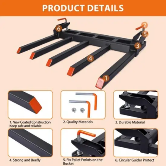 48" Clamp On Debris Forks to Bucket, 5 Fork Tines Clamp-On Pallet Attachments with 2500 Lbs Capacity Fit for Tractor Bucket, Skid Steer Loader image {3}