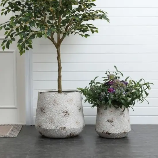 LuxenHome Rustic Planter &ndash; Off-White Round MgO Pot with Brown Accents & Plug image {4}