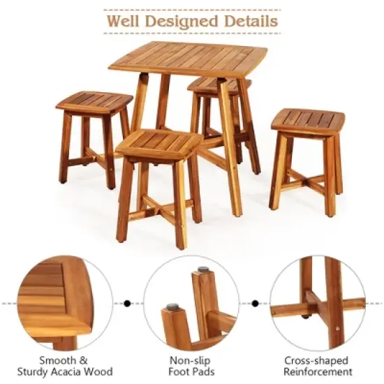 Costway 5PCS Acacia Patio Dining Set W/Square Table & 4 Stools Reddish Brown image {7}