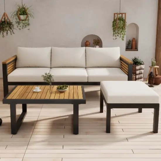 Christopher Knight Home Faye Patio Acacia and Metal Upholstered Seating Set with Slat Design image {10}