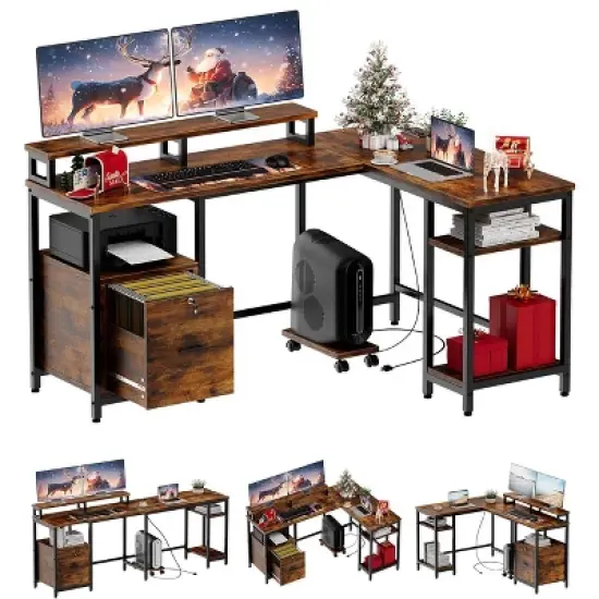 67" L Shaped Computer Desk with Drawers, Reversible Home Office Desk with Power Outlet, Adjustable Shelf and Mobile CPU Stand, Gaming Desk image {8}