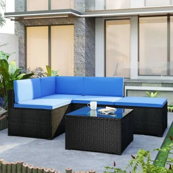 5pc Wicker Patio Sectional Seating Set with Cushions - Black/Blue - GODEER image {4}
