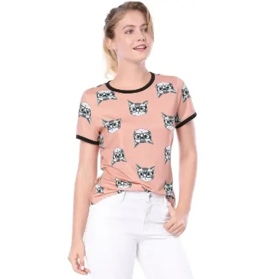 Allegra K Women's Cat Contrast Cartoon Print Tee Casual Summer T-Shirt image {2}