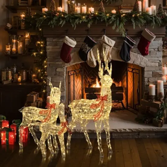 LuxenHome 3-Piece Deer Family Outdoor Holiday Decoration Set with Lights and Timer White, Red image {5}