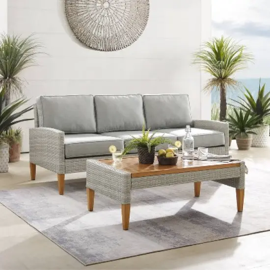 Capella Outdoor Wicker 2 Pc Sofa and Coffee Table Set Gray/Acorn - Crosley image {4}
