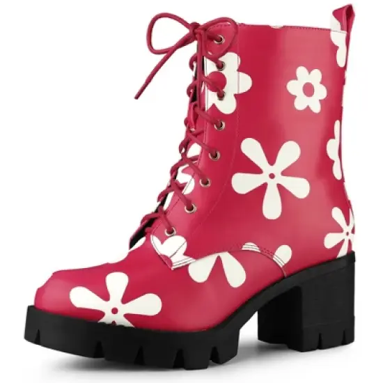 Allegra K Women's Printed Platform Round Toe Lace up Block Heel Combat Boots image {7}
