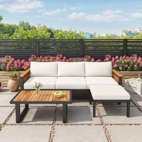 3 PCS Outdoor Sofa Set, 3-Seater Sofa Set with Table and Ottoman, Acacia Wood Sofa with Metal Frame and Polyester Cushion-Coolbibila image {7}