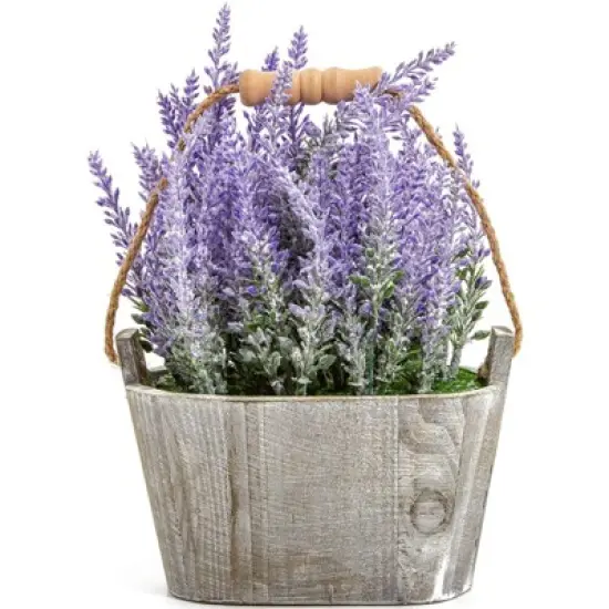 Artificial Lavender Fake Flower Plant in Rustic Oval Wooden Box for Decorations image {4}