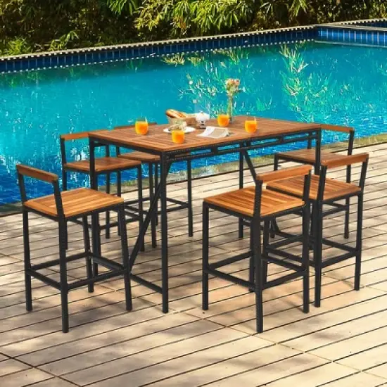 Costway 7PCS Patio Rattan Bar Set Acacia Wood Frame Stools Table Umbrella Hole image {2}