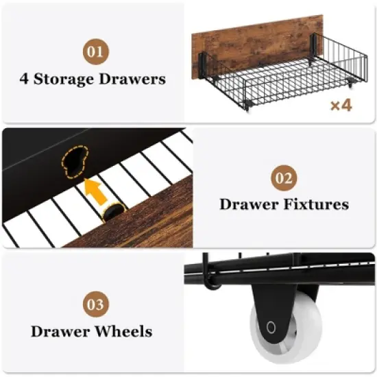 Bed Frame with 4 Storage Drawers, Metal Platform Bed with Wooden Headboard, Noise Free, No Box Spring Needed, Easy Assembly, Vintage Brown image {3}