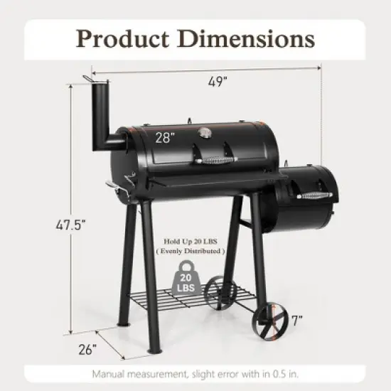 Captiva Designs Charcoal Grill with Offset Smoker - All-Metal Steel Construction, 512 sq. in. Cooking Area for Outdoor Cooking image {1}