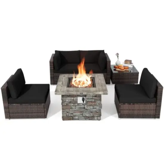 Tangkula Patio Rattan 6PCS Cushioned Sofa Set Furniture Set Thick Cushion with 34.5" Fire Pit Table for Garden Black/Blue/Red/Turquoise/Off White image {10}