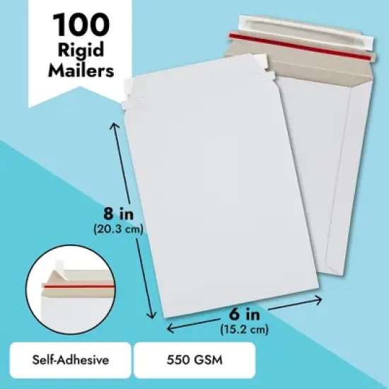 Juvale 100 Pack 6x8 Rigid Mailers - 550 GSM Thick Self Adhesive Stay Flat Cardboard Envelopes for Shipping Photos, Documents image {6}