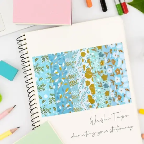 Wrapables Decorative Gold Foil Washi Tape Box Set for Arts & Crafts, Scrapbooking, Stationery, Diary (10 Rolls), Blue Green Bloom image {4}