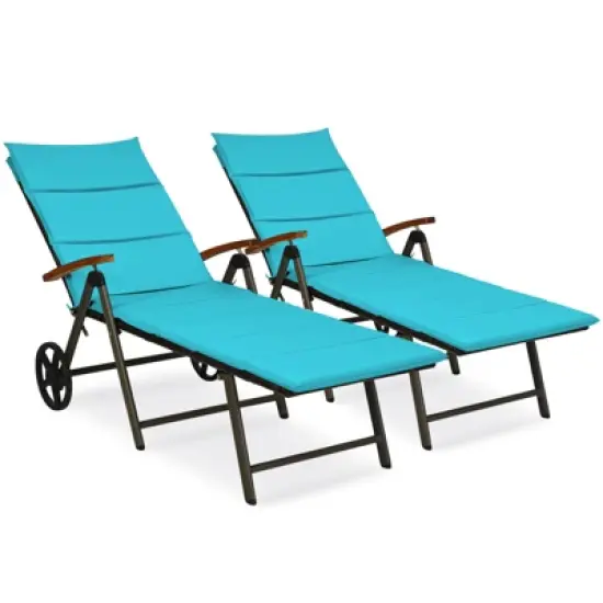 Tangkula 2PCS Folding Outdoor Rattan Chaise Lounge Chair Cushioned Recliner with Wheels& Cushions image {13}