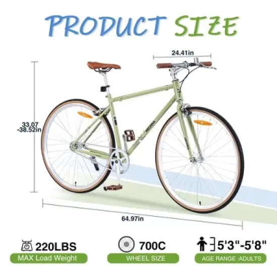 NAYSAYE Bicycle Single Speed Retro Style 700C Road Bike Steel Frame for Men and Women for City Rides, Light Green, 64.97"*24.41"*38.52" image {2}
