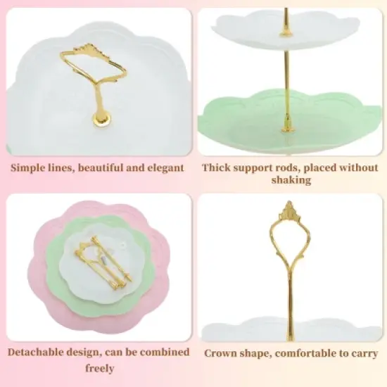 Unique Bargains 3 Tier Dessert Cupcake Stand Holder Round with Tiered Serving Tray for Donuts Fruits White Pink Green Gold Tone image {2}