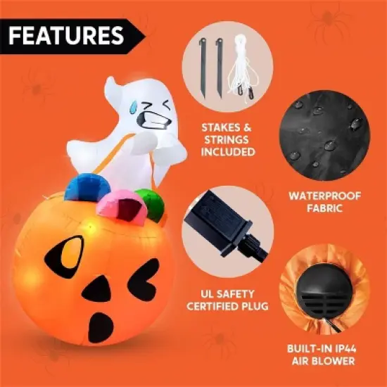 Joyfy 5 FT Halloween Inflatables Outdoor Decorations, Inflatable Cute Ghost Lift Pumpkin Candy Bag with LEDs for Halloween Yard Garden Lawn Decoration image {5}