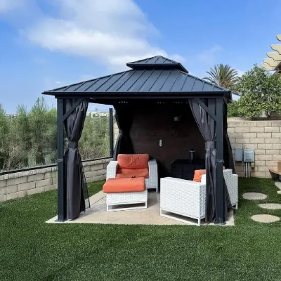 PURPLE LEAF Permanent Hardtop Gazebo Aluminum Frame Gazebo with Galvanized Steel Double Roof, UV-Resistant, Netting & Curtains included - Grey image {1}