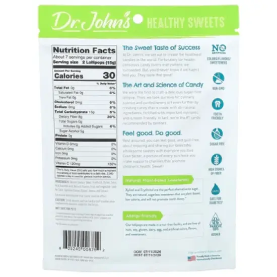 Dr. John's Healthy Sweets Lollipops, + Fiber & Vitamin C, Blue Raspberry, Grape & Cherry, 3.70 oz (105 g) image {1}