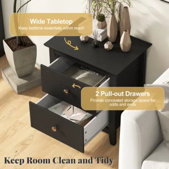 Tangkula Modern Nightstand w/ Storage 2 Drawers & Support Legs for Bedroom Black image {5}