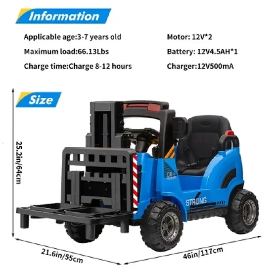 12V Kids Ride On Forklift Car, Electric Ride On Construction Car with Remote Control, Liftable Fork and Pallet, , Music Ride On Toy for Kids image {3}