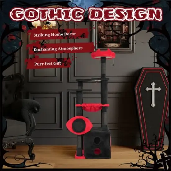 Angel Sar 53" Gothic Cat Tree with Condo, Hammock & Perch, Large Cat Tower with Scratching Posts and Spider Toy for Indoor Cats, Red & Black image {1}