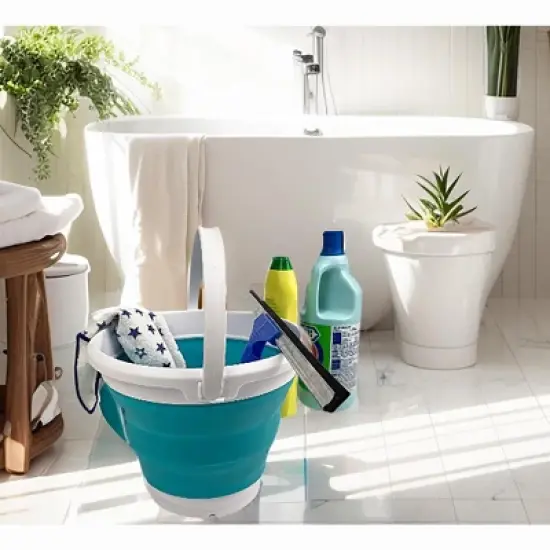 SAMMART 10L (2.6 Gallon) Collapsible Plastic Bucket - Foldable Round Tub with Handle, White/Ceramic Blue image {3}