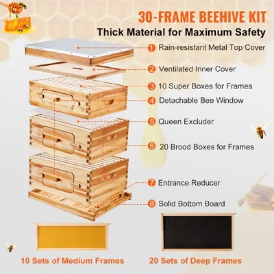 VEVOR Bee Hive 30 Frame Bee Hives Starter Kit,Beeswax Coated Fir Wood, 2 Deep + 1 Medium Bee Boxes Langstroth Beehive Kit,Transparent Acrylic Windows image {6}