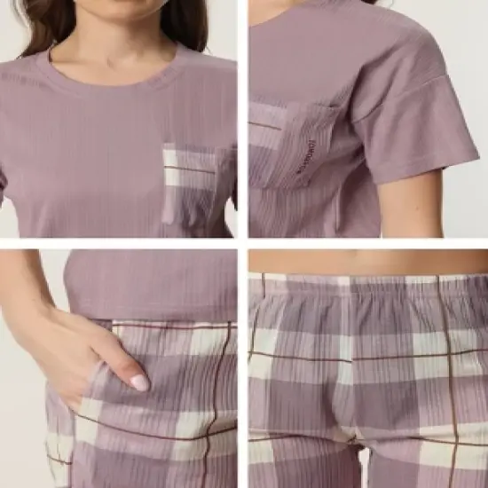 cheibear Women's Sleepwear Short Sleeve T-Shirt with Shorts Plaid Couple Pajama Sets image {4}