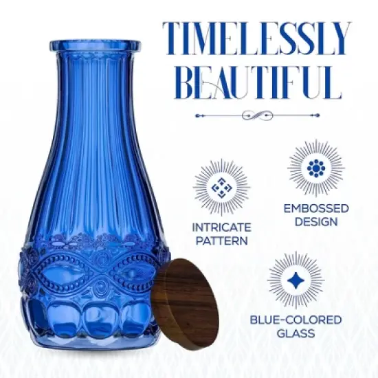 Elle Decor Color Glass Carafe with Wood Lid, Leak-Proof Glass Pitcher for Water, Juice, Mimosa Bar, Iced Tea,1 Liter, Dishwasher Safe, Blue image {2}