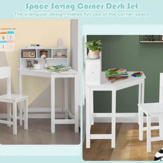 Costway Kids Corner Desk & Chair Set Wooden Study Writing Workstation with Storage & Hutch image {3}