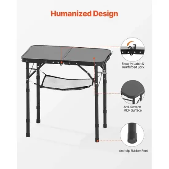 VEVOR Folding Camping Table, Adjustable Height Portable Side Tables, Aluminum MDF Beach Table with Mesh Layer, Carrying Handle, 24x16in, Black image {5}