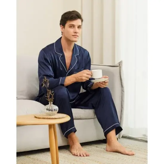 Mommesilk Piped Silk Pajamas For Men image {7}