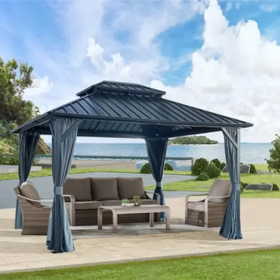 Durable 10' x 12' Hardtop Gazebo with Galvanized Steel Roof, Sturdy Aluminum Frame, Mosquito Netting, and Weather-Resistant Curtains-Coolbibila image {7}