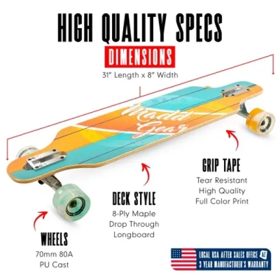 Madd Gear 31" Drop Through Longboard Skateboard 70mm Wheels ABEC-7 Bearings Maple Deck image {1}