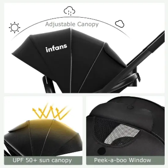 Infans 2 in 1 Baby Stroller High Landscape Infant Stroller and Reversible Pram, Foldable Pushchair w/Adjustable Canopy, Storage Basket image {2}